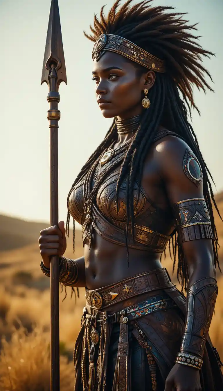 Potente regina guerriera africana con lancia e copricapo di leone