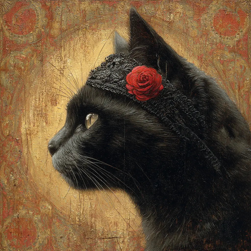 Black cat in profile with ornate rose headband