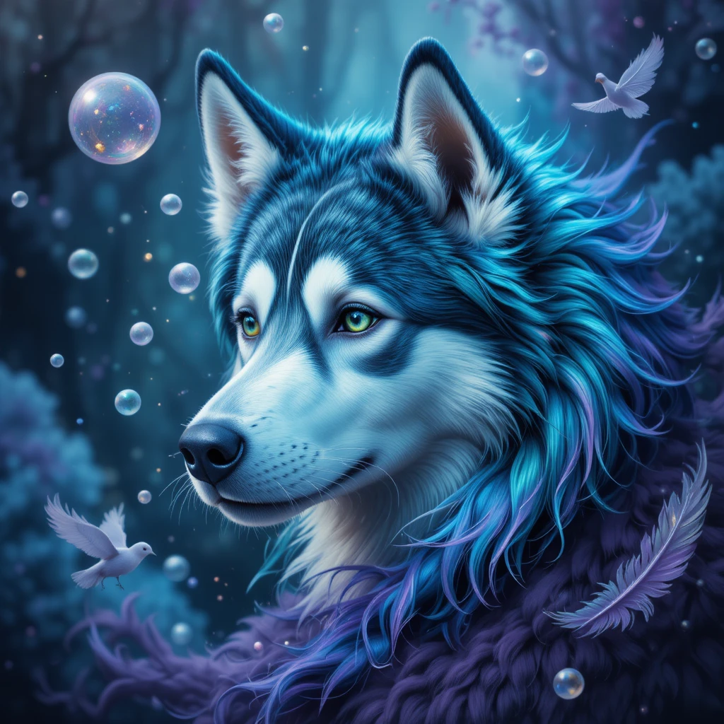 Magical husky portrait with glowing orbs and feathers