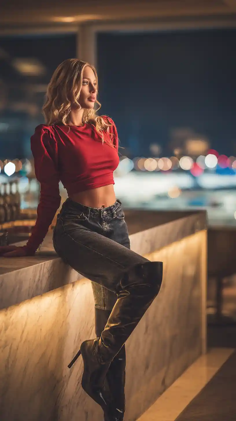 Confident woman in red at night airport terminal