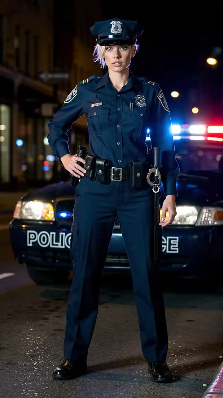 Seductive policewoman standing alert by patrol car at night