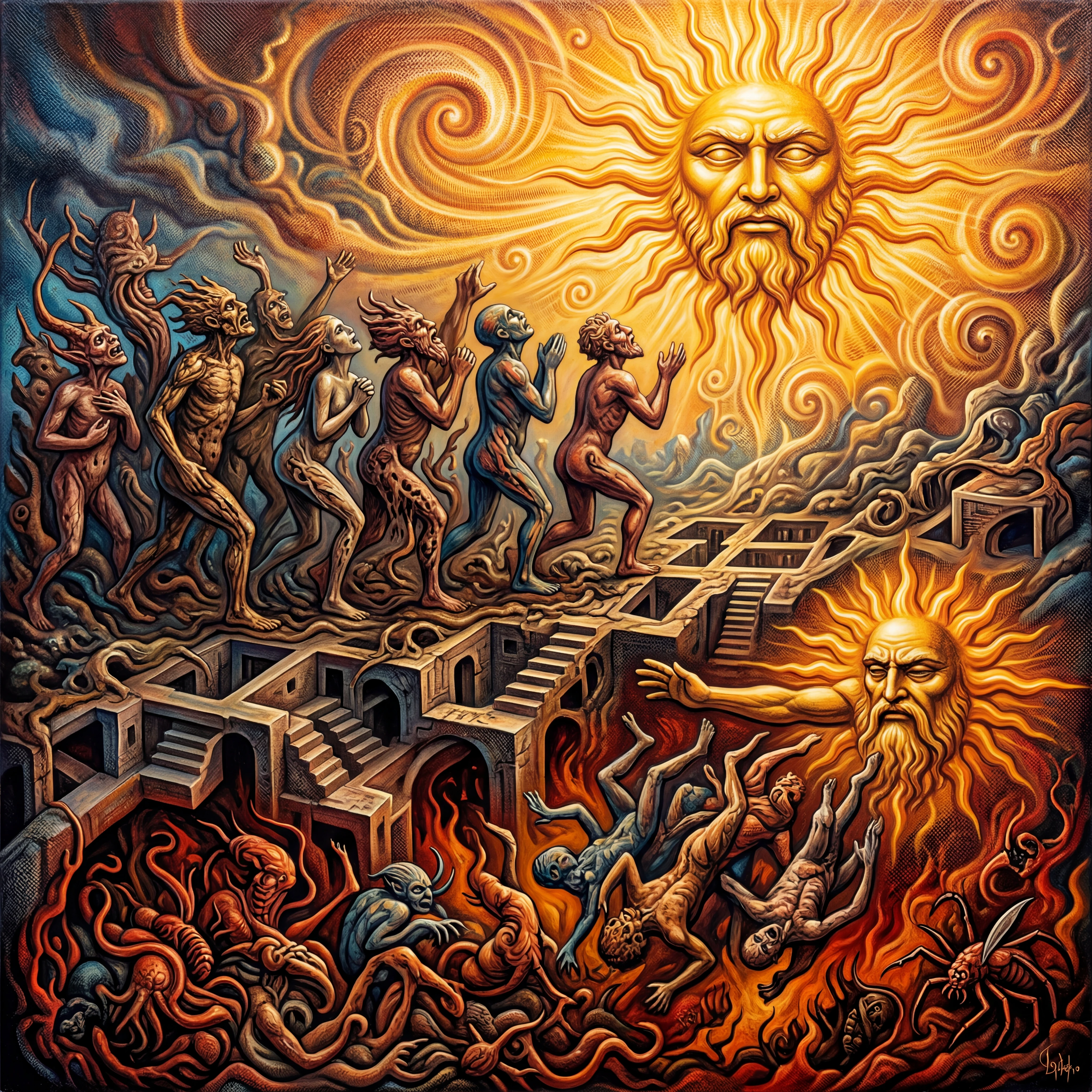Estranhas criaturas humanoides surgem para adorar um sol em chamas