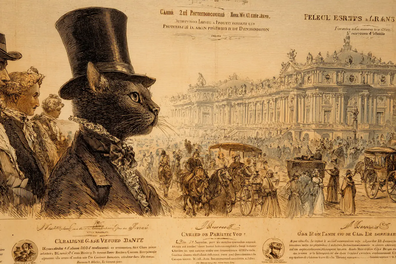 Elegante viktorianische Katze in belebter Versailles-Palastszene