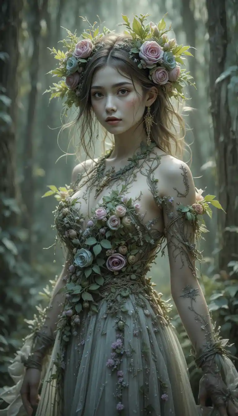 Mystical herb goddess full body portrait in soft fantasy style