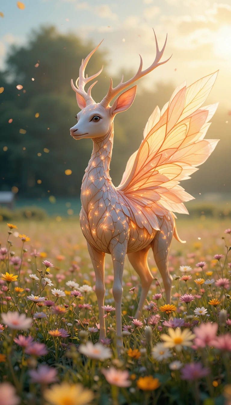 Graceful winged deer creature in a glowing spring meadow