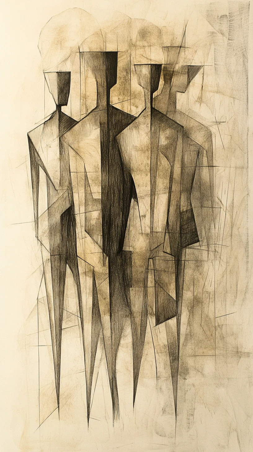 Cubist sepia drawing of geometric figures in a city