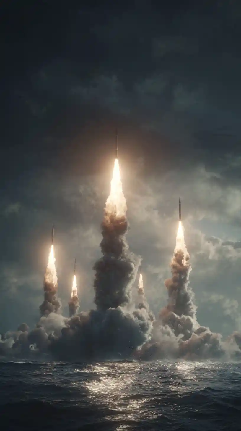 Multiple missiles launched in a dramatic night sky scene
