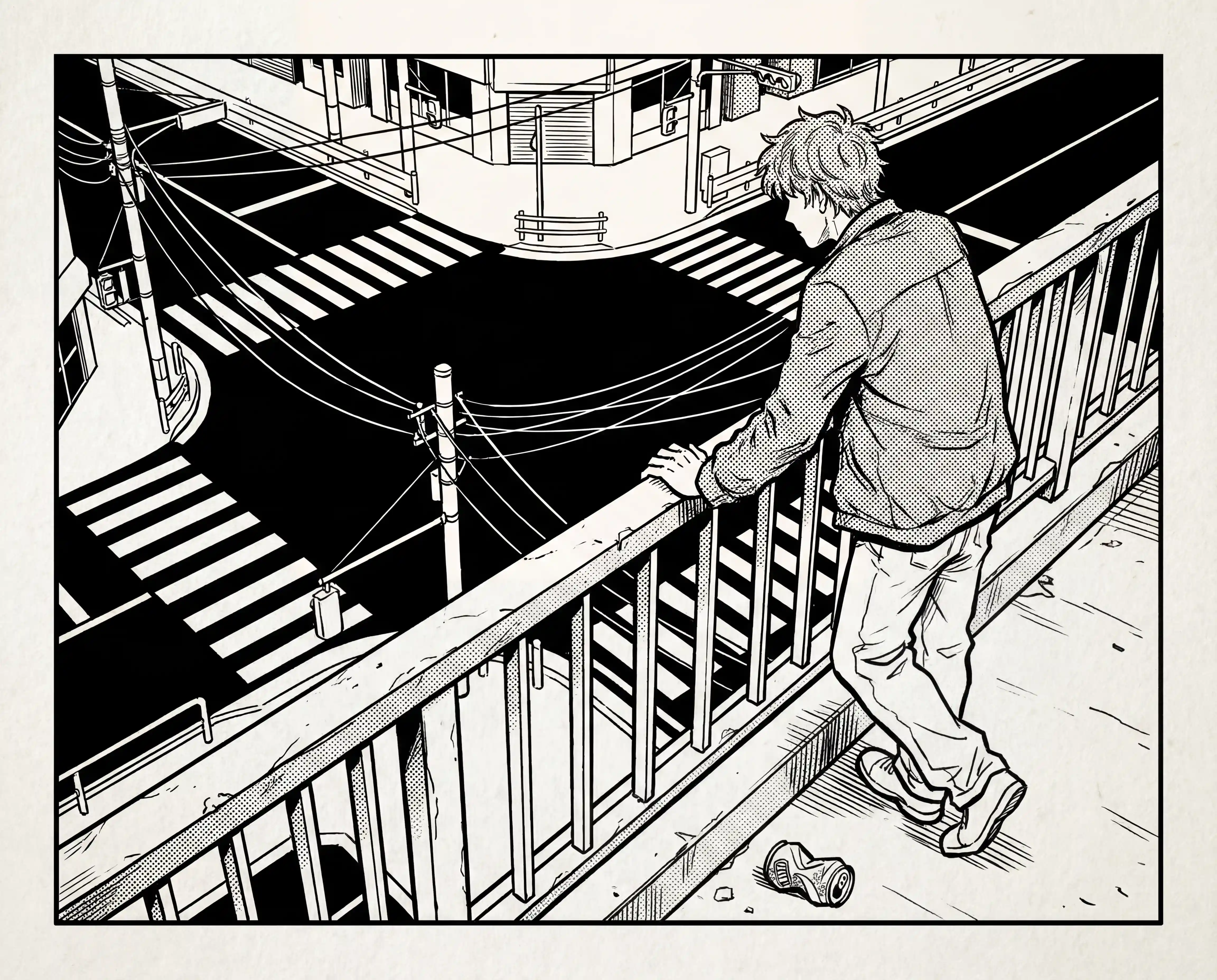 Giovane su cavalcavia in scena urbana manga monocromatica