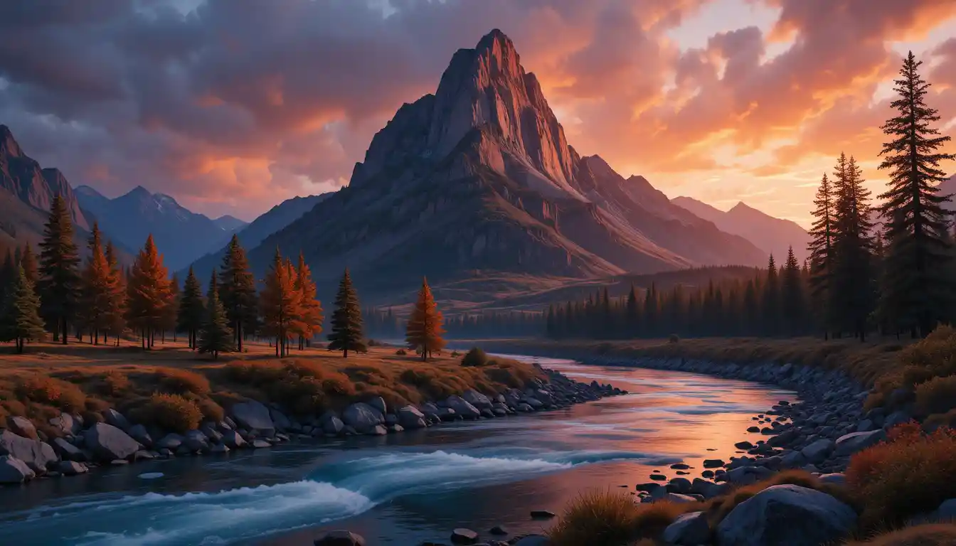 Paisaje de río de montaña iluminado por la cálida luz del atardecer