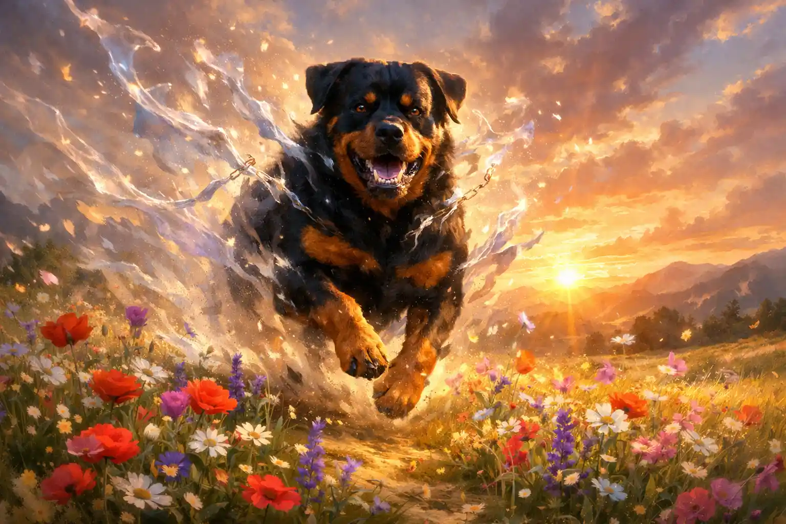 Potente rottweiler che corre in un prato di fiori selvatici al tramonto