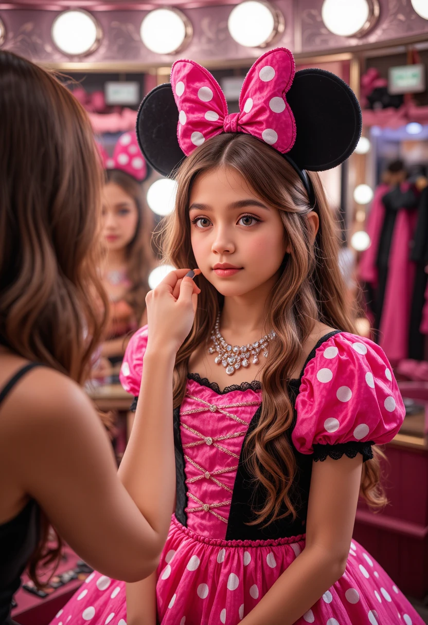 Niño con vestido rosa de Minnie maquillándose en una boutique