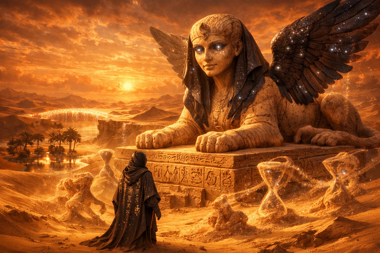 Sphinx se reposant dans un désert de cuivre infini au coucher du soleil