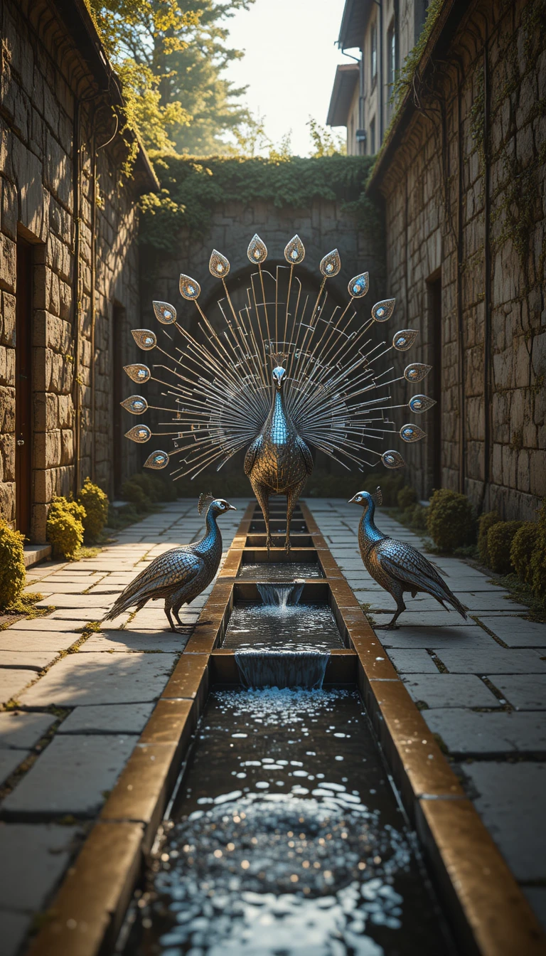 Escultura de pavo real metálico que brilla en un patio tranquilo
