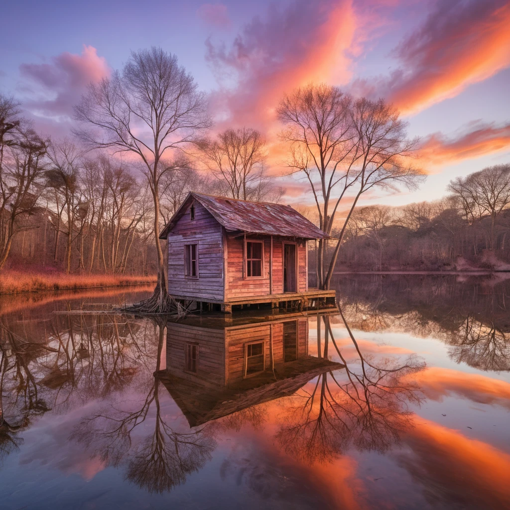 Laguna serena al tramonto con casetta e riflessi degli alberi