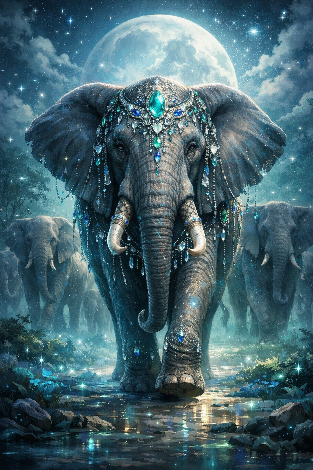 Majestätische geschmückte Elefantenmatriarchin im Mondlicht