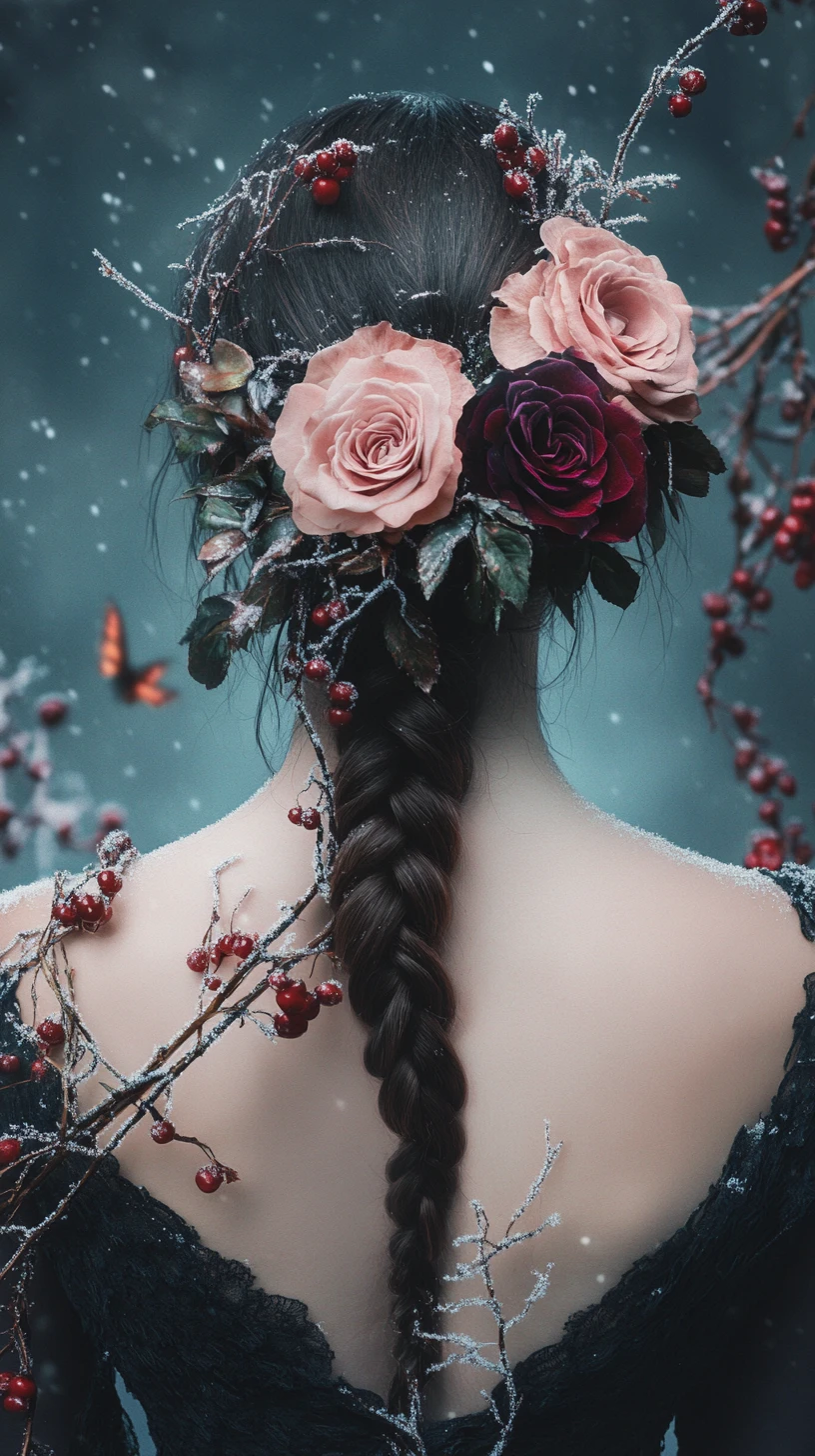 Woman of roses in a snowy fantasy forest glade
