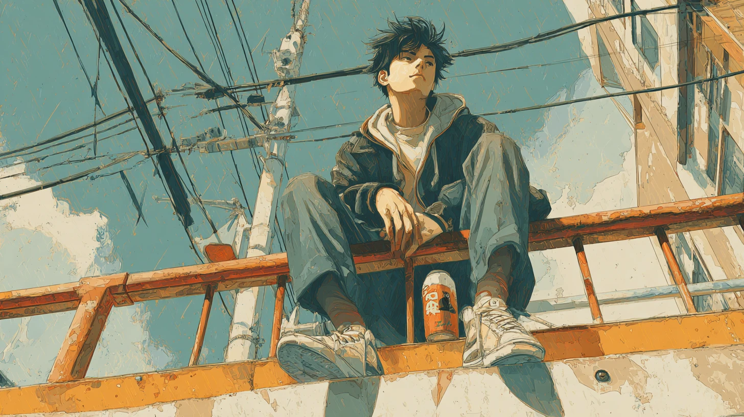 Giovane su cavalcavia in una scena urbana contemplativa in stile manga