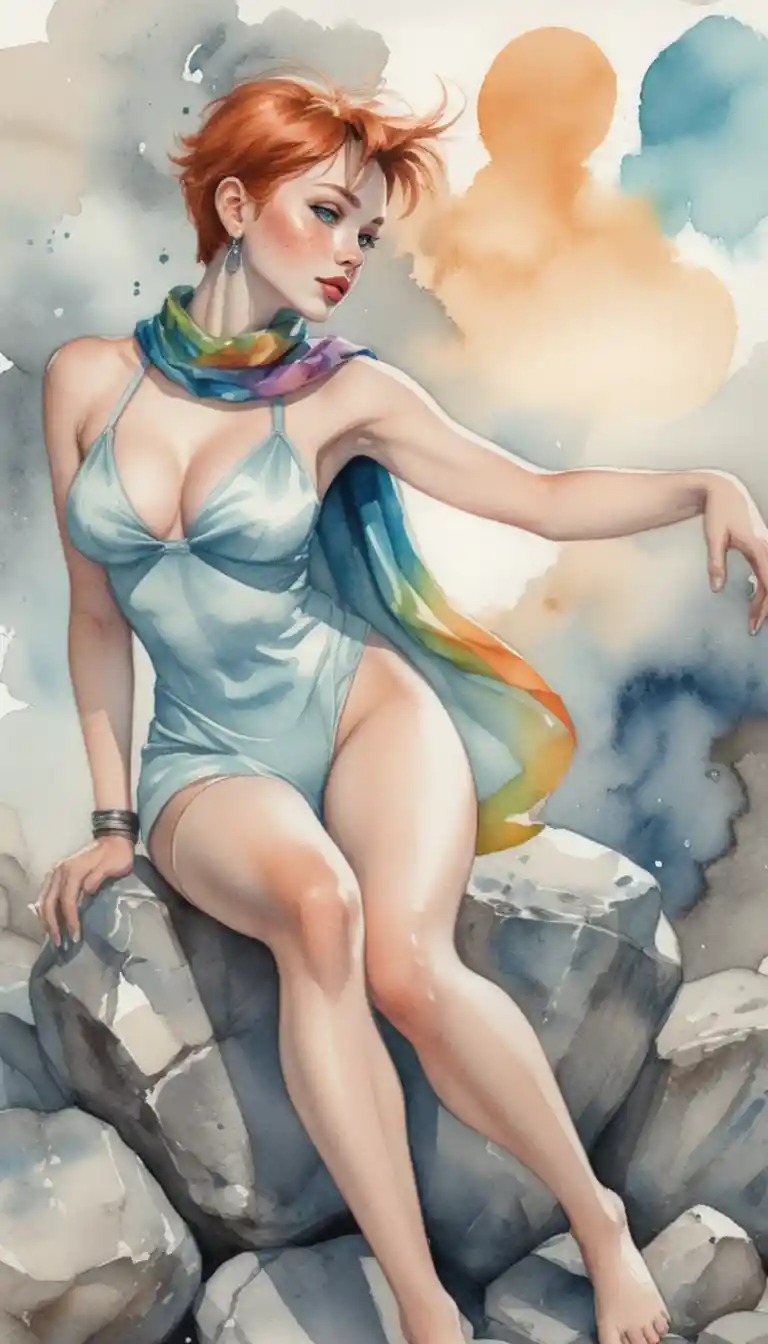 石岩上飄舞彩虹圍巾的幻想女孩