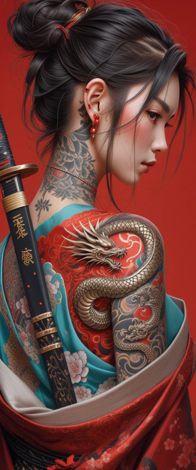 Tattooed kimono clad warrior woman with katana on red