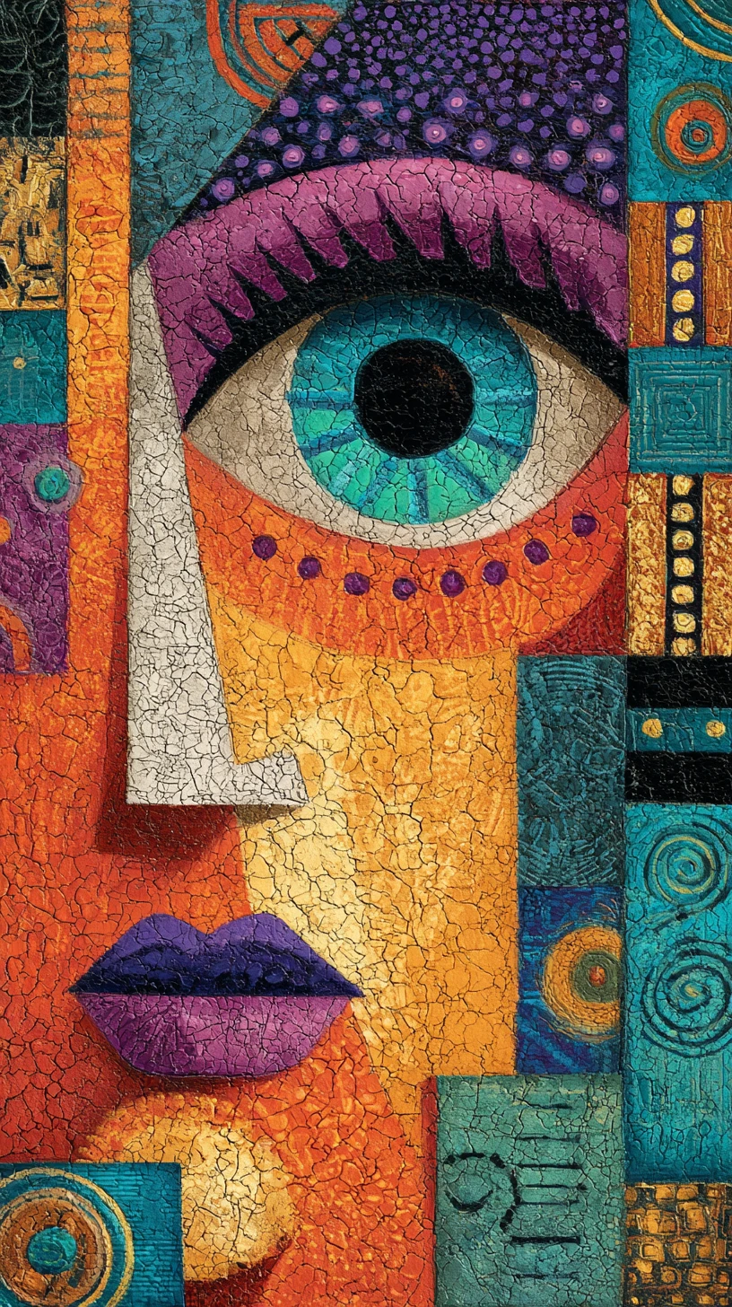 Retrato cubista colorido com olho turquesa central e mosaicos