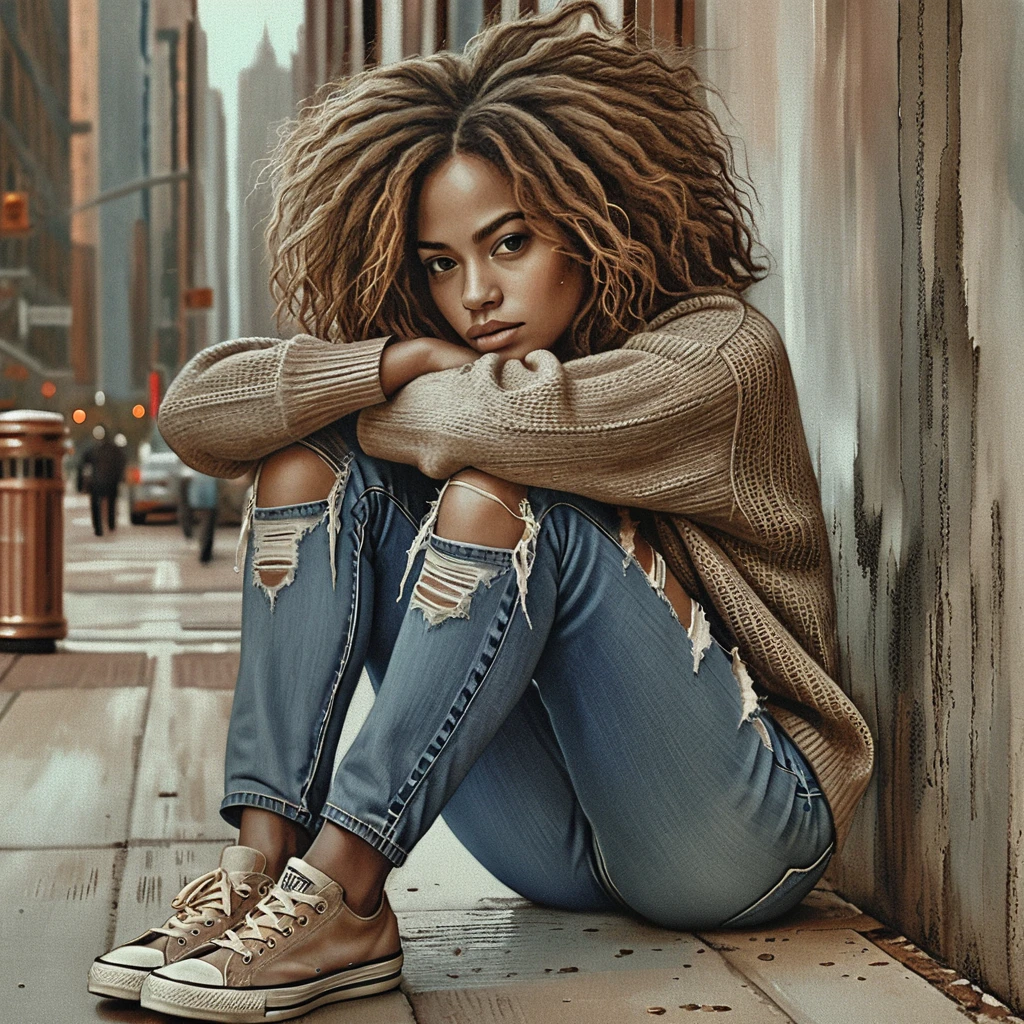 Young woman sitting against weathered city wall in thought