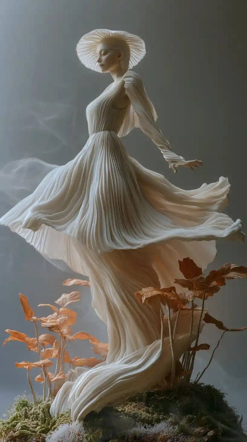 Ethereal woman merging with sculptural mushroom forms