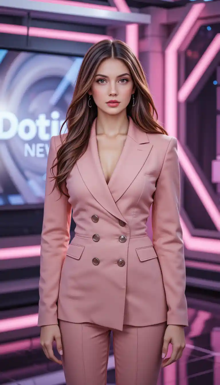 Cinematic portrait of a brunette news anchor in pink suit