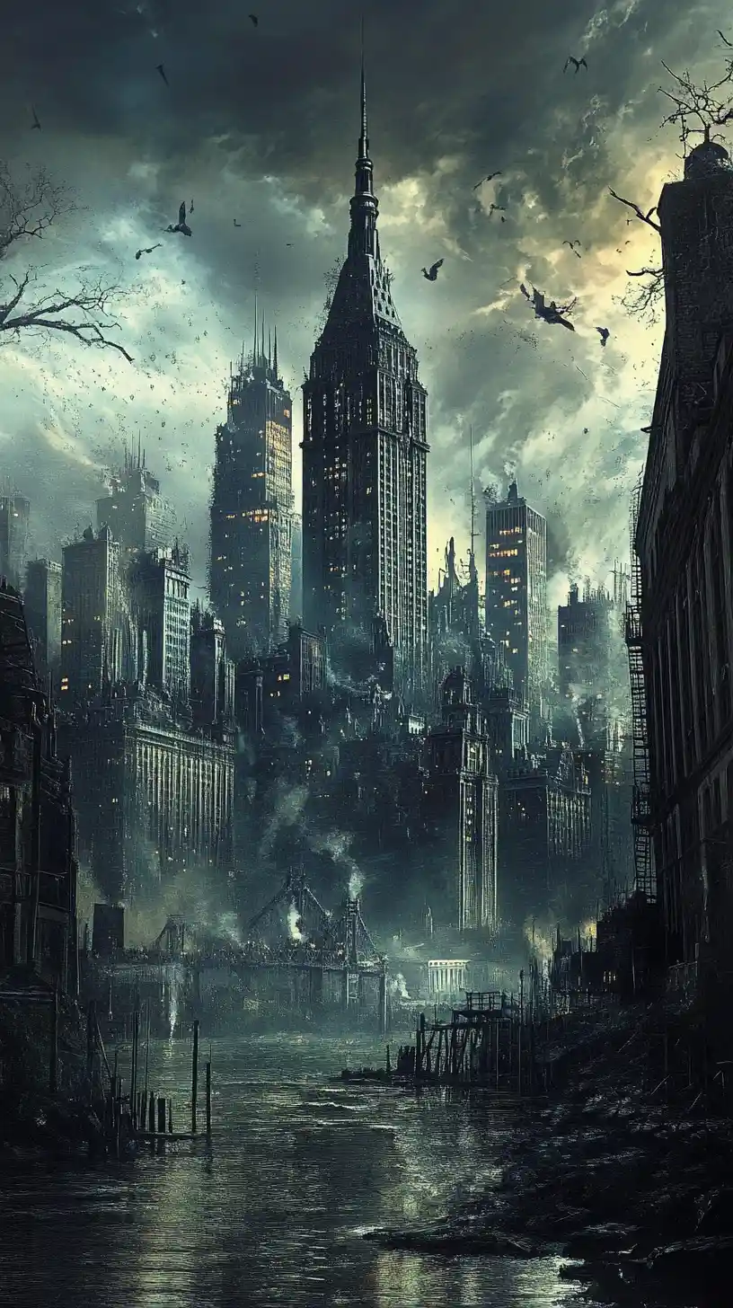 Paesaggio urbano gotico di New York davanti a uno skyline oscuro e in rovina