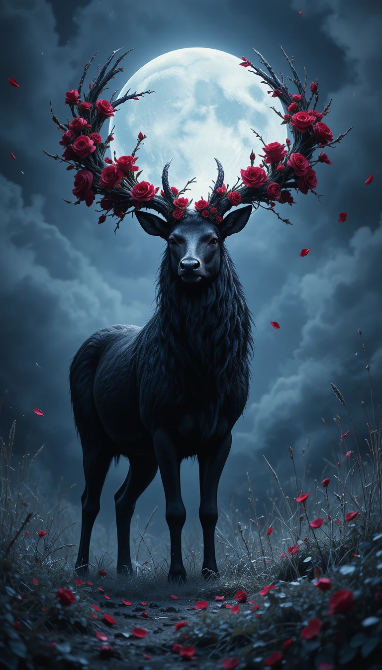 Majestic black stag in a moonlit rose covered clearing