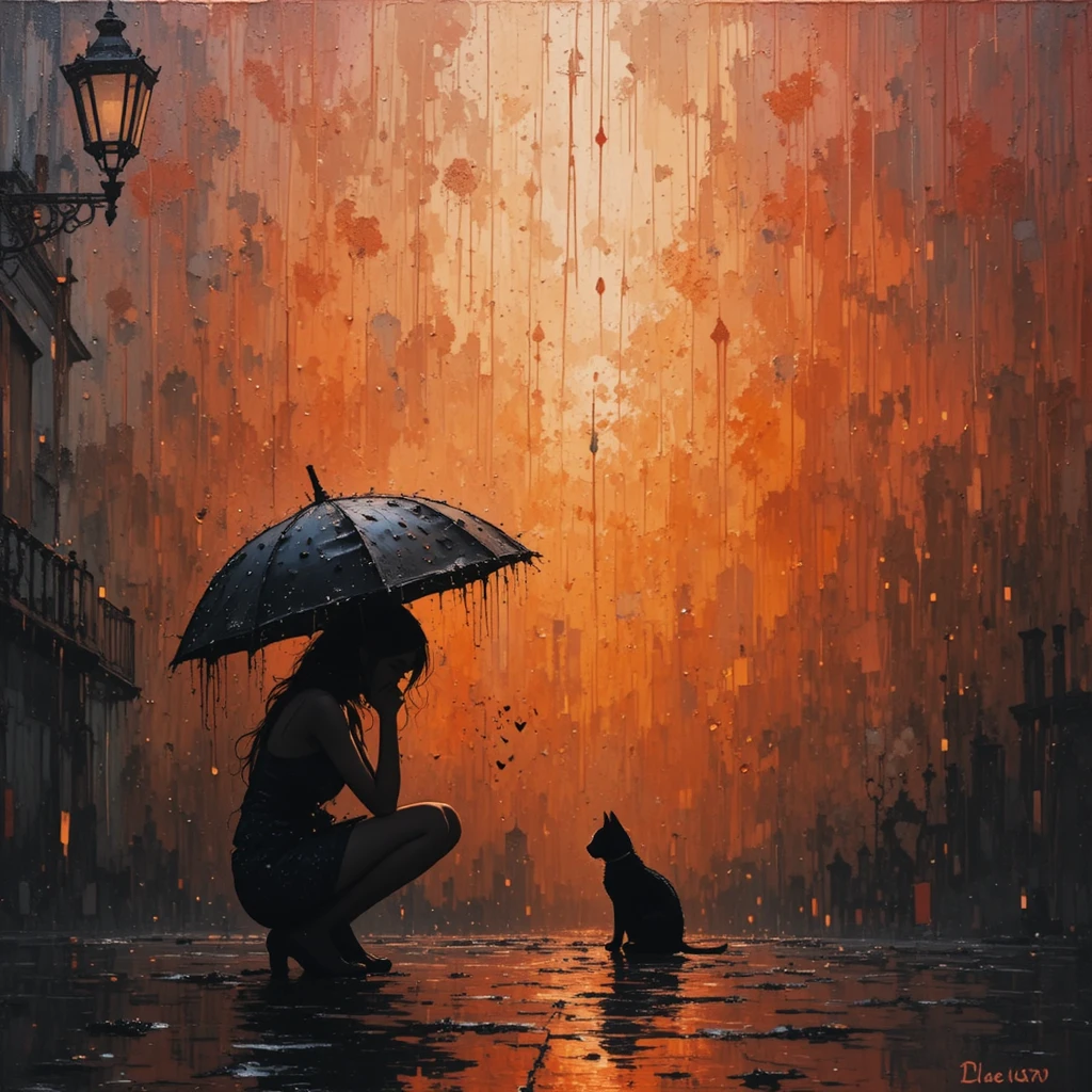 Girl With Umbrella And Cat In Dreamy Rain Painting