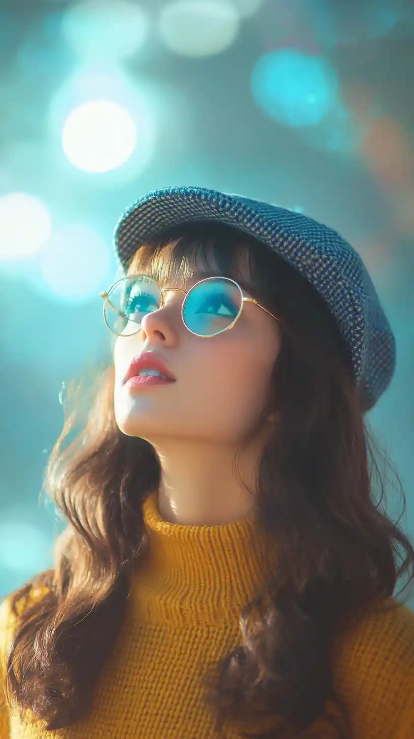 Anime girl in glasses looking up into glowing blue light