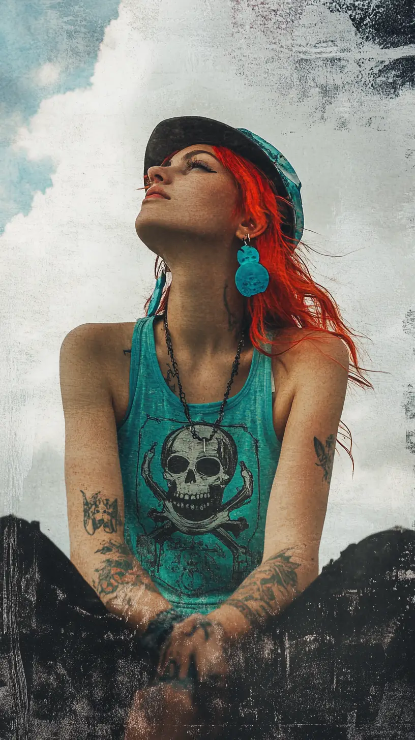 Red haired girl in turquoise top with urban double exposure