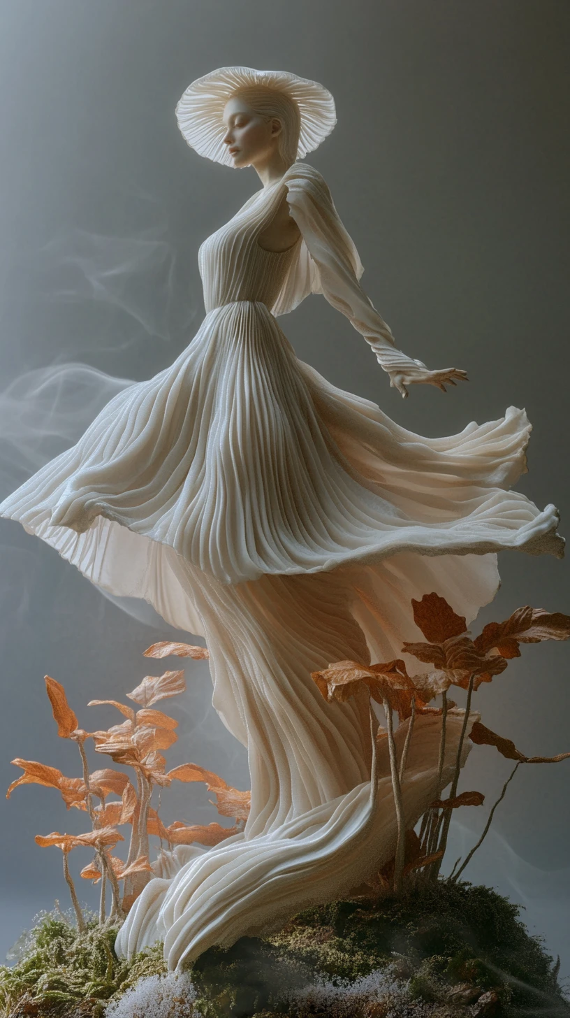 Ethereal woman merging with sculptural mushroom forms