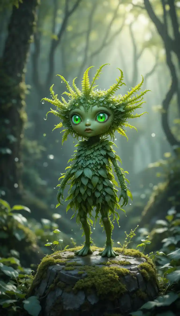 Leafy woodland spirit standing on a moss covered stone