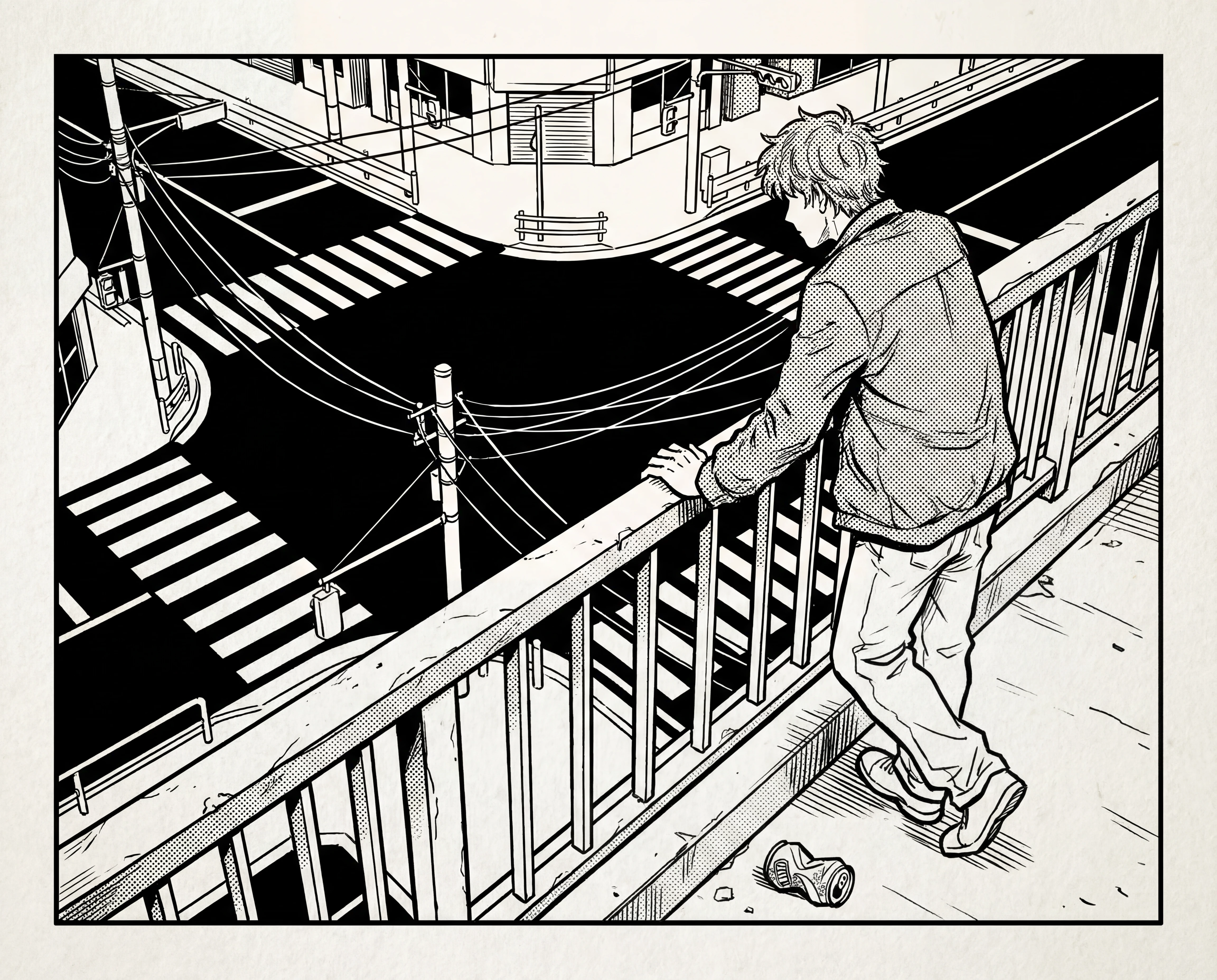 Young man on overpass in monochrome manga city scene