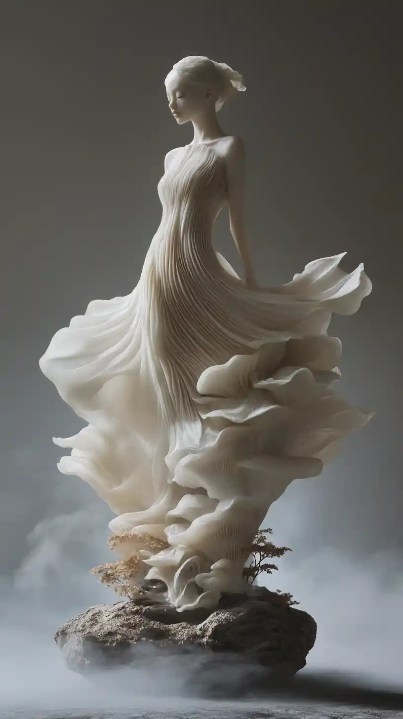Ethereal woman merging with sculptural mushroom forms