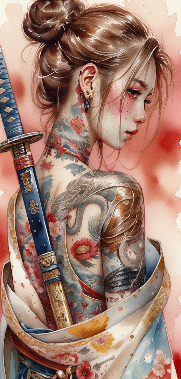Tattooed woman in kimono holding katana against red background