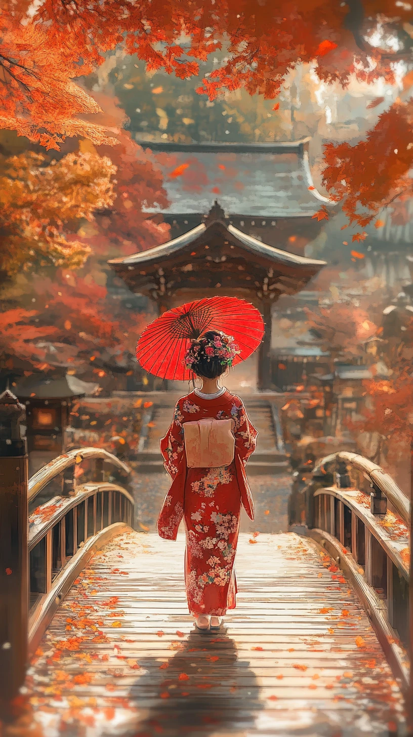 Chica de anime con kimono rojo en un puente de templo en otoño
