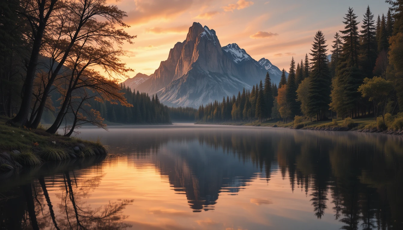 Montagne sereine reflétée dans un lac au coucher du soleil