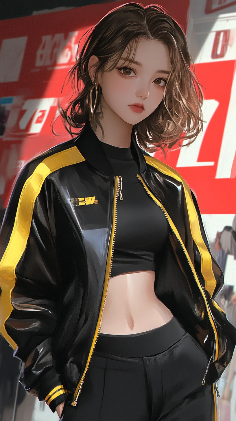 黒いボンバージャケットのアニメ女性のグラフィックカバー
