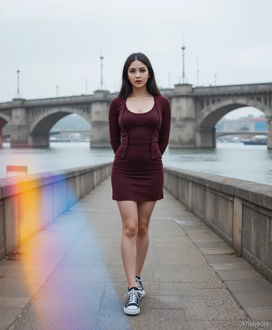 Junge Frau im roten Kleid an einer Stadtpromenade am Wasser