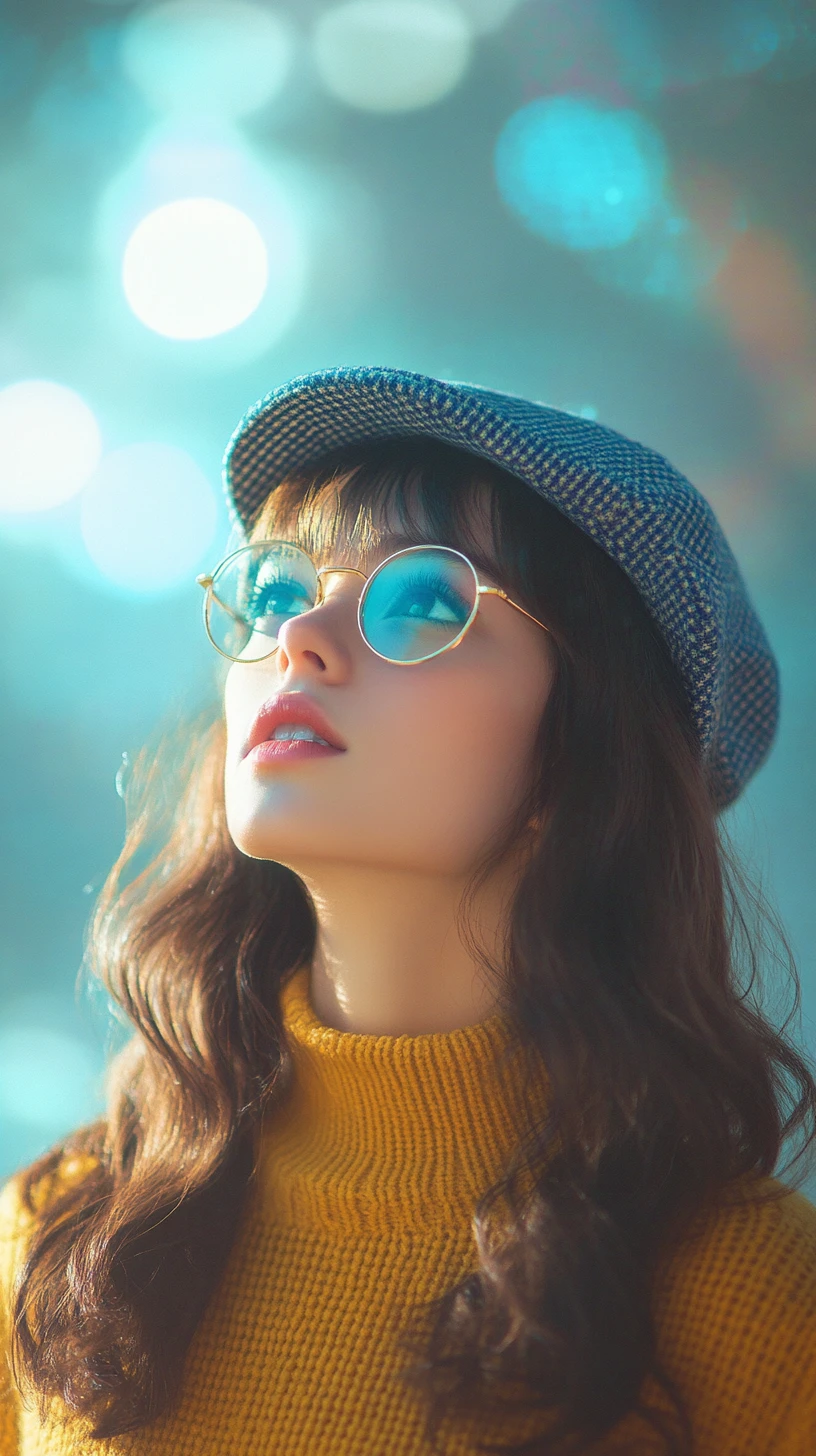 Anime girl in glasses looking up into glowing blue light
