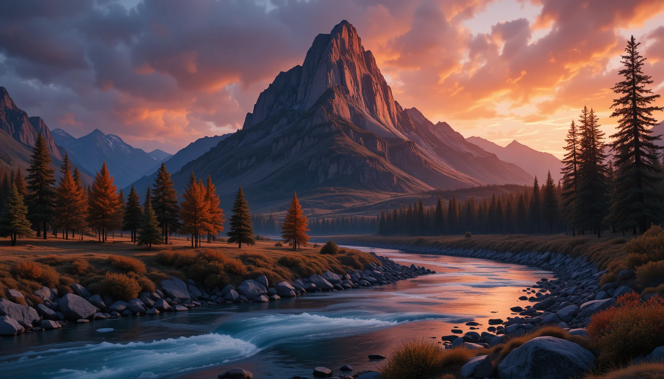 Paisaje de río de montaña iluminado por la cálida luz del atardecer