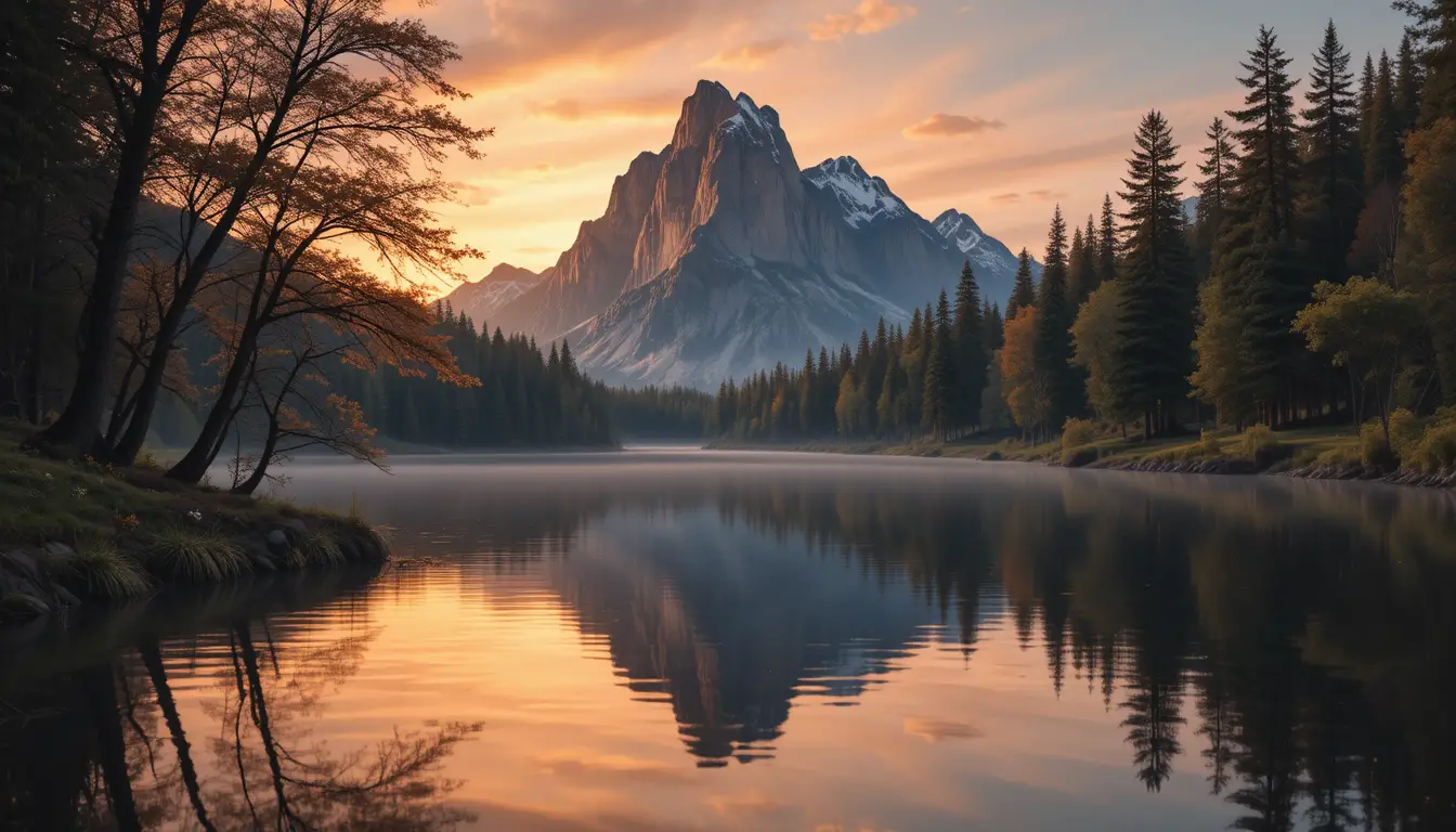 Serene Mountain Reflected In A Still Sunset Lake