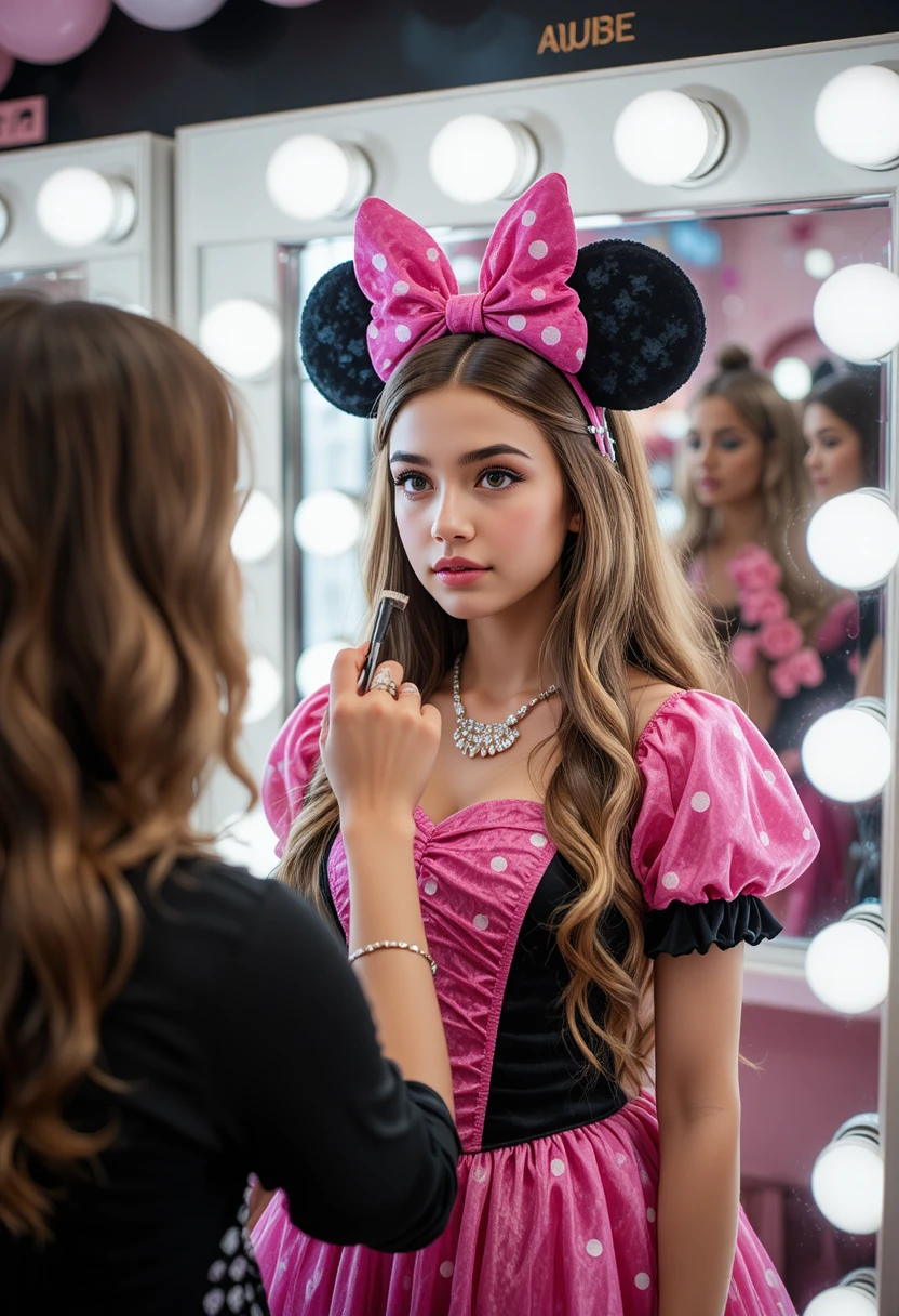 Niño con vestido de Minnie Mouse maquillándose en una boutique