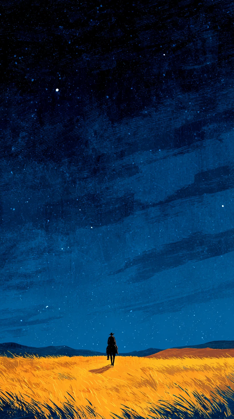 Viaggiatore e cavallo in silhouette sotto un vasto cielo stellato