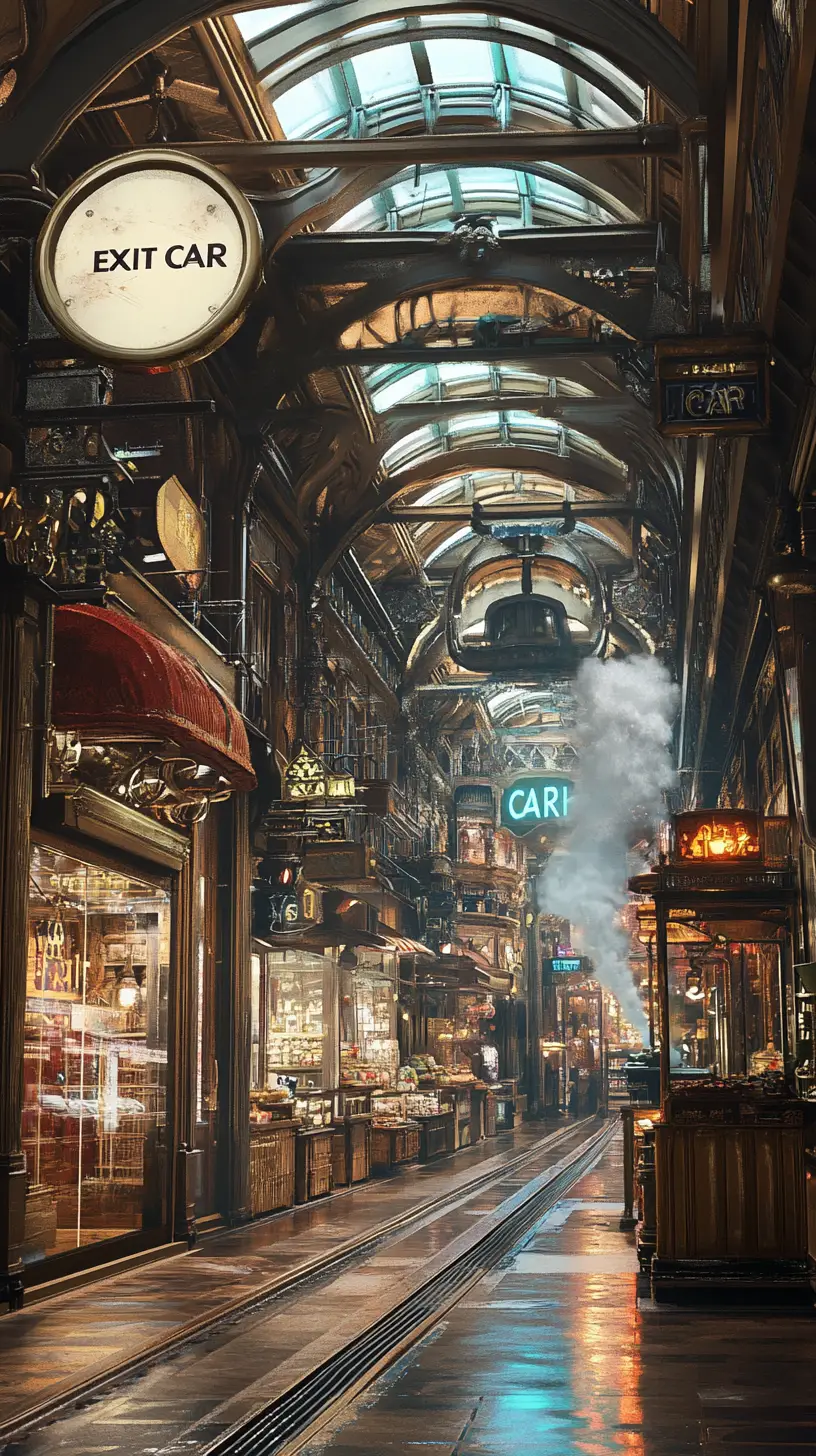 Ornate steampunk corridor with shops and glowing blue path