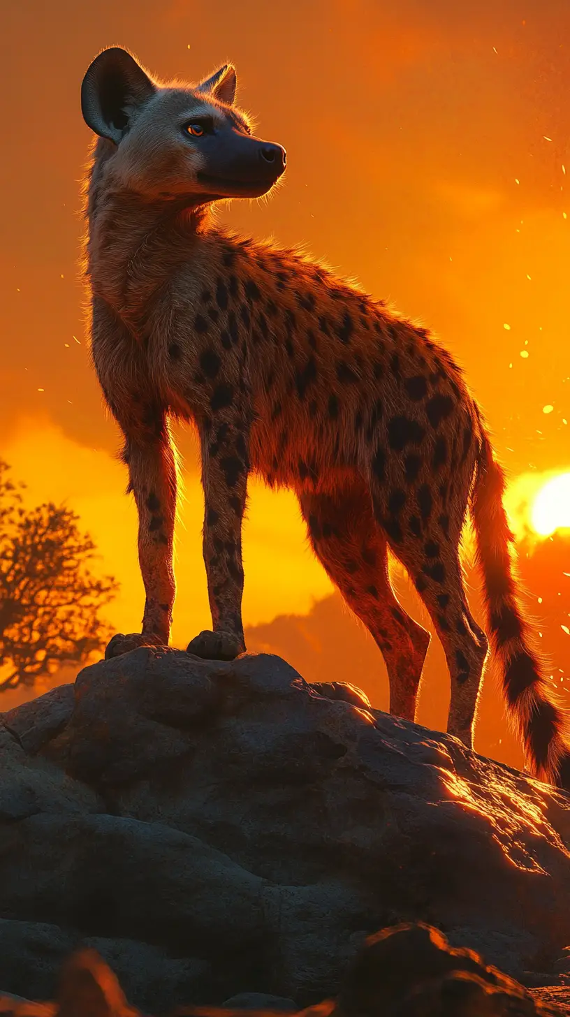 Gefleckte Hyäne auf Felsvorsprung bei Sonnenuntergang über der Savanne