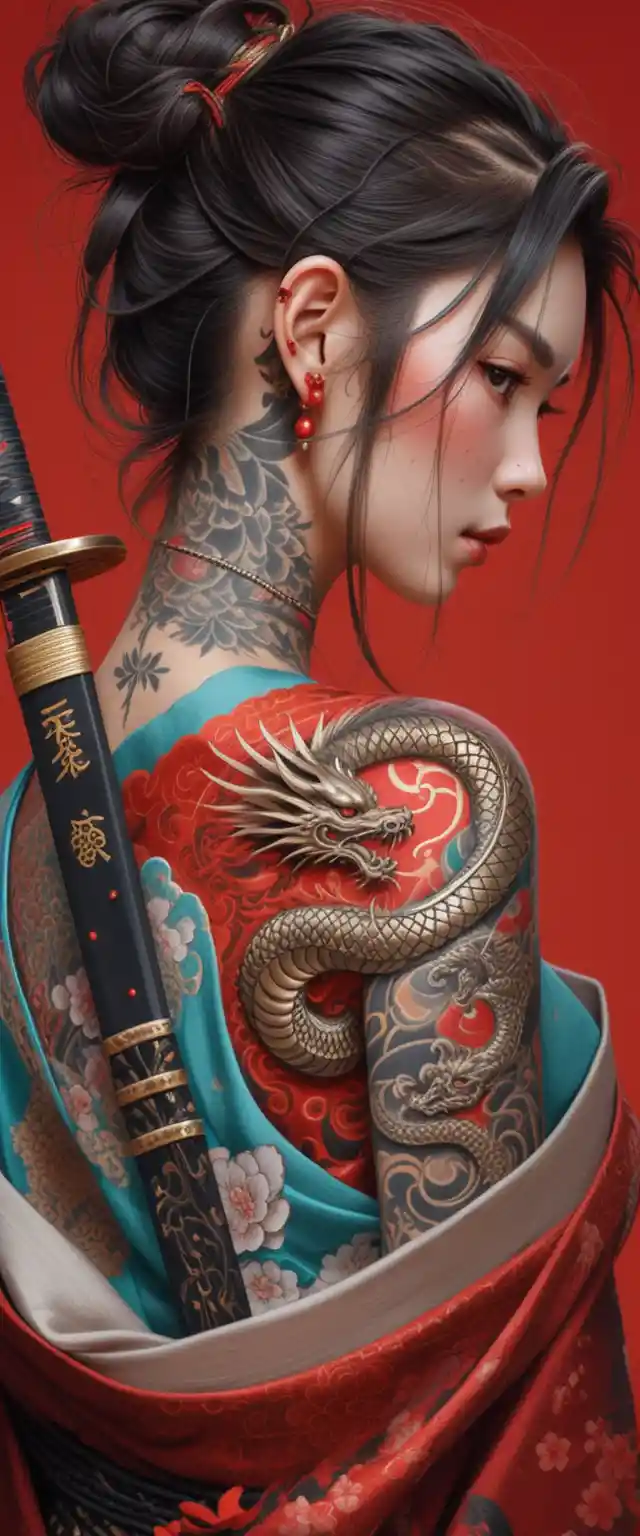 Tattooed kimono clad warrior woman with katana on red
