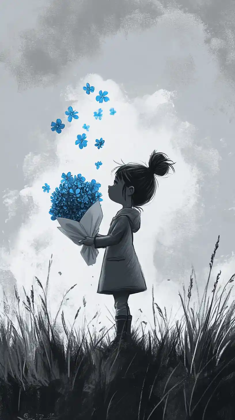 Little girl with blue flowers under a cloudy sky
